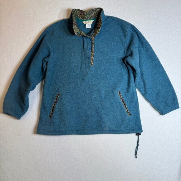 L.L. Bean Vintage 1/4 Snap Fleece Pullover Teal Blue Tapestry Trim Large #1412 - Picture 3 of 11